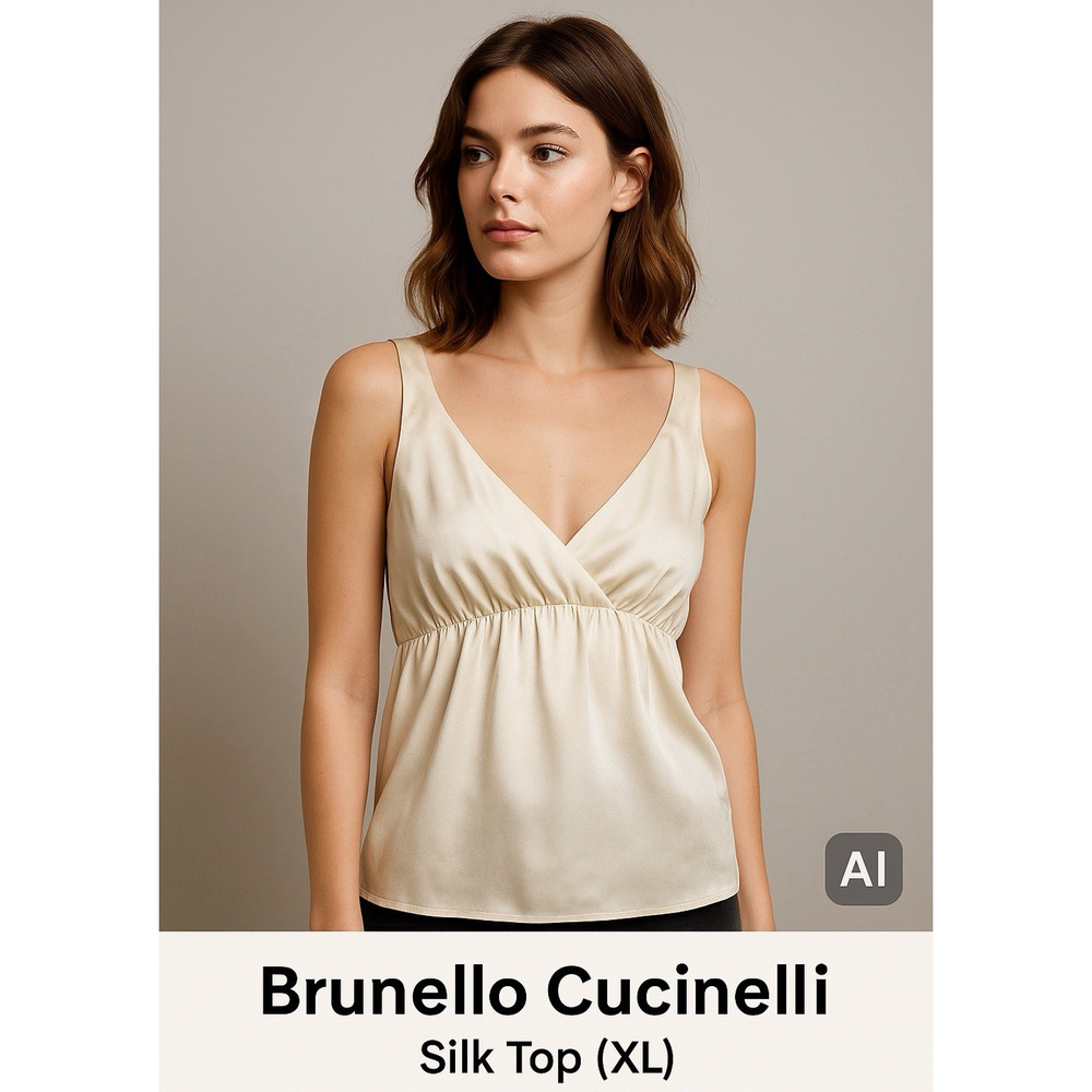 Brunello Cucinelli 100% Silk Slip Blouse‎ XL Beige Champagne Luxury Italy